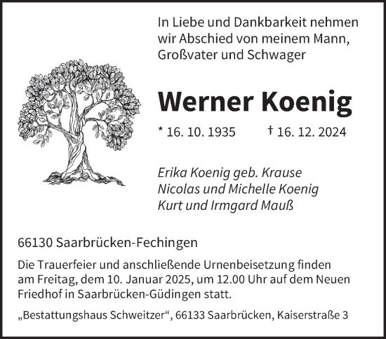Traueranzeige von Werner Koenig von saarbruecker_zeitung