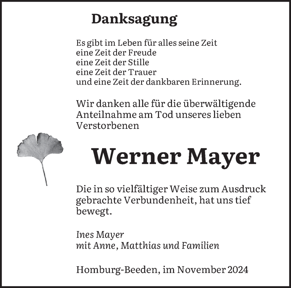  Traueranzeige für Werner Mayer vom 30.11.2024 aus saarbruecker_zeitung