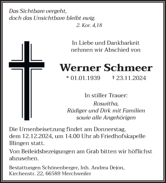 Traueranzeige von Werner Schmeer von saarbruecker_zeitung