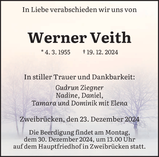 Traueranzeige von Werner Veith von saarbruecker_zeitung