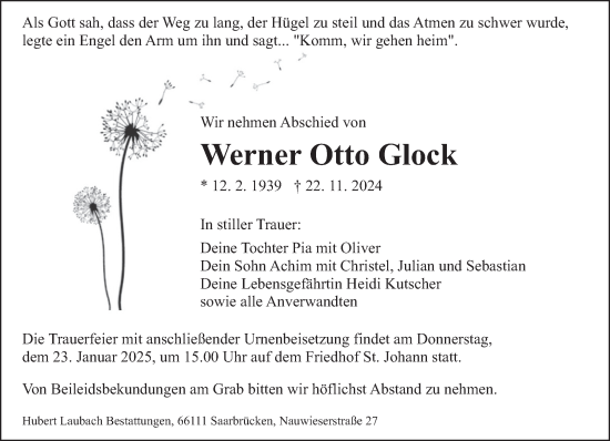 Traueranzeige von Werner Otto Glock von saarbruecker_zeitung