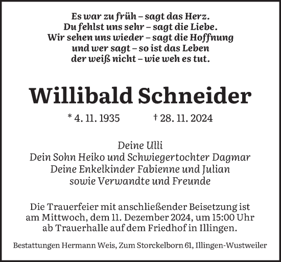 Traueranzeige von Willibald Schneider von saarbruecker_zeitung