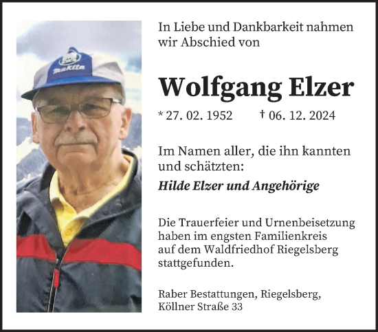 Traueranzeige von Wolfgang Elzer von saarbruecker_zeitung