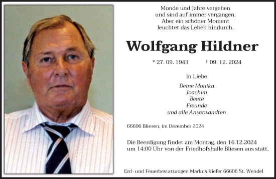 Traueranzeige von Wolfgang Hildner von saarbruecker_zeitung