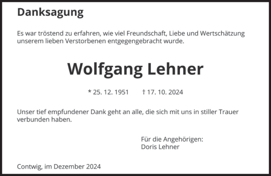 Traueranzeige von Wolfgang Lehner von saarbruecker_zeitung