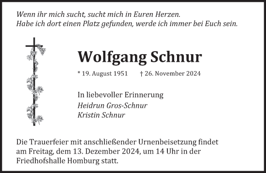 Traueranzeige von Wolfgang Schnur von saarbruecker_zeitung