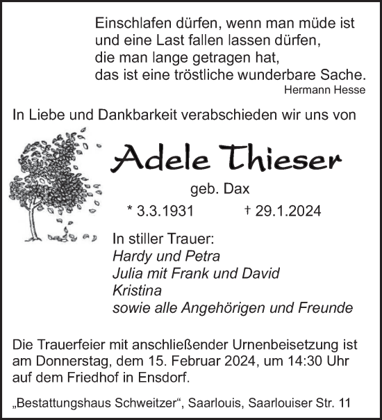 Traueranzeige von Adele Thieser von saarbruecker_zeitung