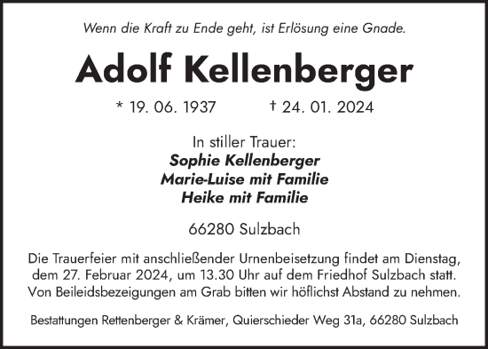 Traueranzeige von Adolf Kellenberger von saarbruecker_zeitung