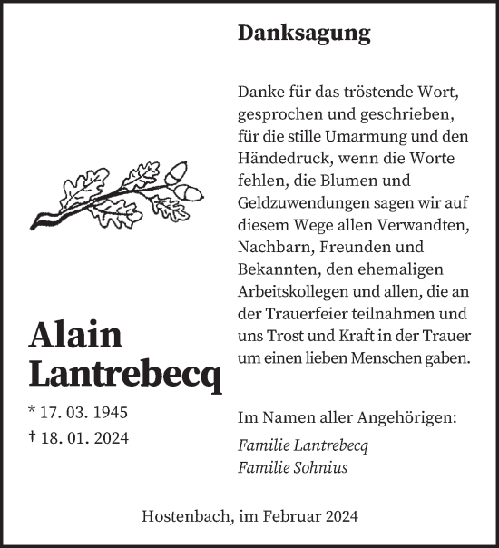 Traueranzeige von Alain Lantrebecq von saarbruecker_zeitung