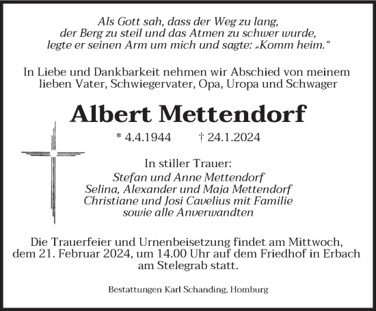 Traueranzeige von Albert Mettendorf von saarbruecker_zeitung