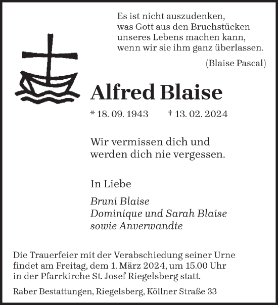 Traueranzeige von Alfred Blaise von saarbruecker_zeitung
