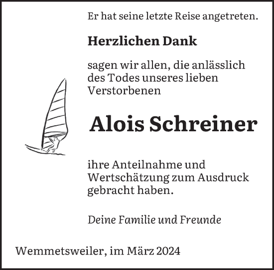 Traueranzeige von Alois Schreiner von saarbruecker_zeitung