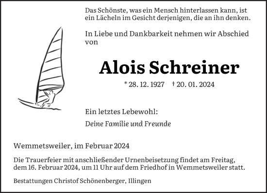 Traueranzeige von Alois Schreiner von saarbruecker_zeitung