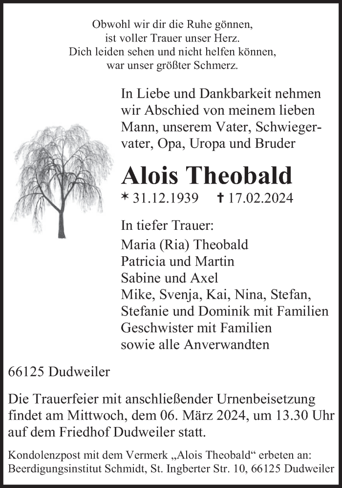  Traueranzeige für Alois Theobald vom 24.02.2024 aus saarbruecker_zeitung