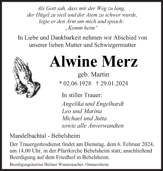 Traueranzeige von Alwine Merz von saarbruecker_zeitung