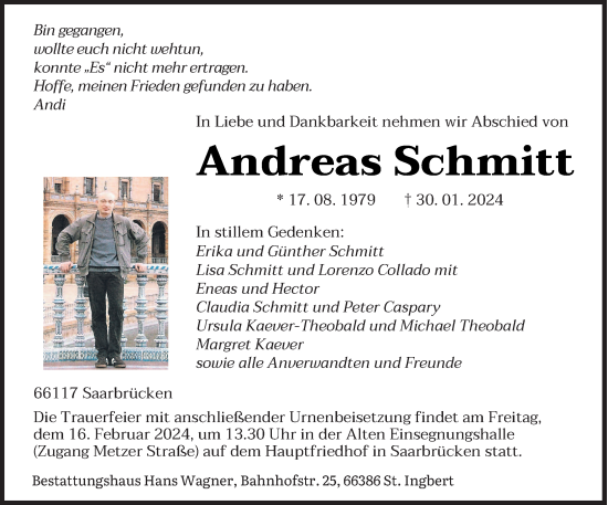 Traueranzeige von Andreas Schmitt von saarbruecker_zeitung