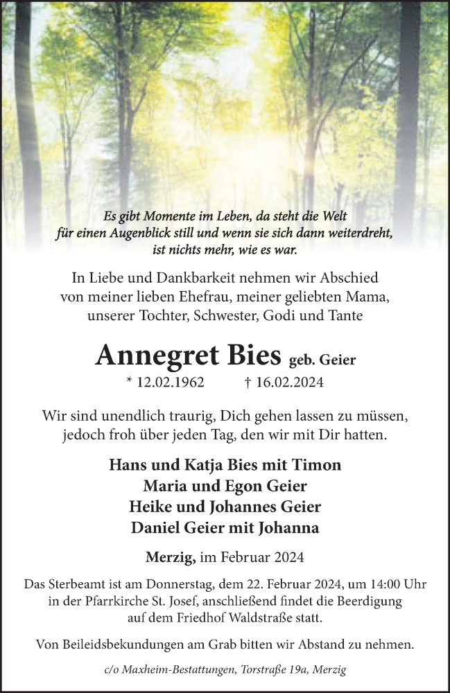  Traueranzeige für Annegret Bies vom 21.02.2024 aus saarbruecker_zeitung