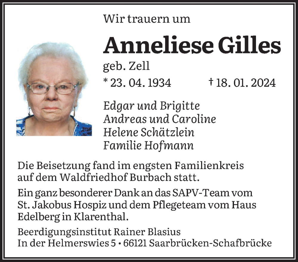  Traueranzeige für Anneliese Gilles vom 24.02.2024 aus saarbruecker_zeitung