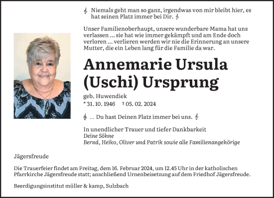 Traueranzeige von Annemarie Ursula Ursprung von saarbruecker_zeitung