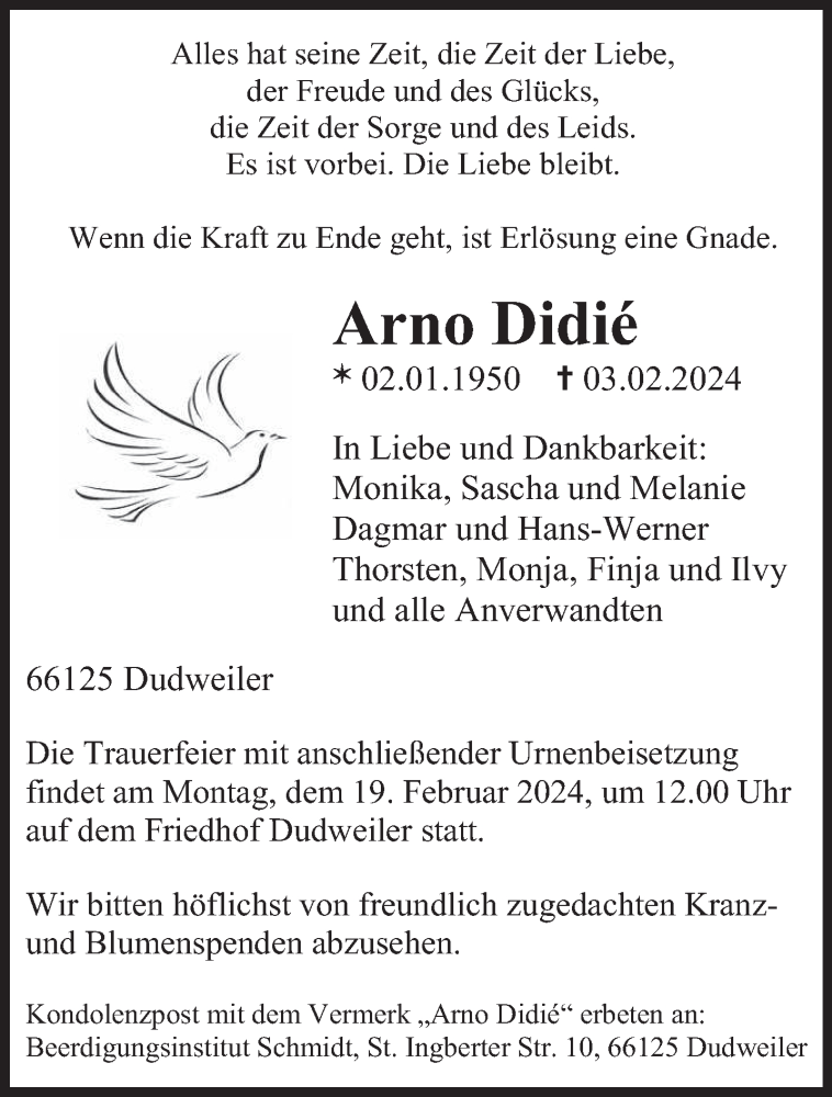  Traueranzeige für Arno Didié vom 10.02.2024 aus saarbruecker_zeitung