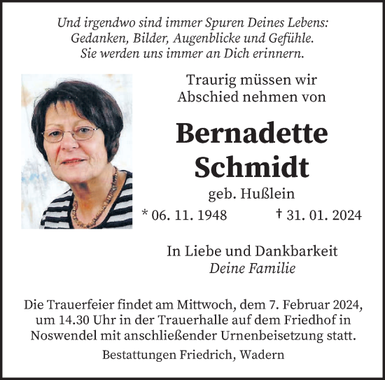 Traueranzeige von Bernadette Schmidt von saarbruecker_zeitung