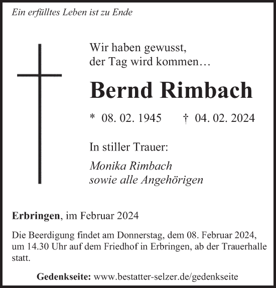 Traueranzeige von Bernd Rimbach von saarbruecker_zeitung