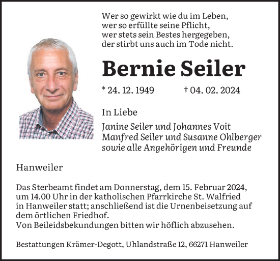 Traueranzeige von Bernie Seiler von saarbruecker_zeitung