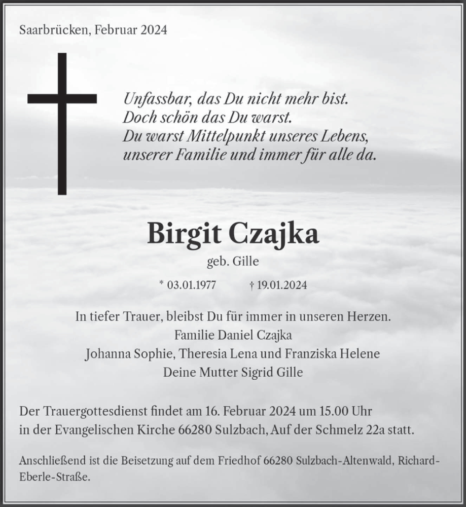  Traueranzeige für Birgit Czajka vom 10.02.2024 aus saarbruecker_zeitung