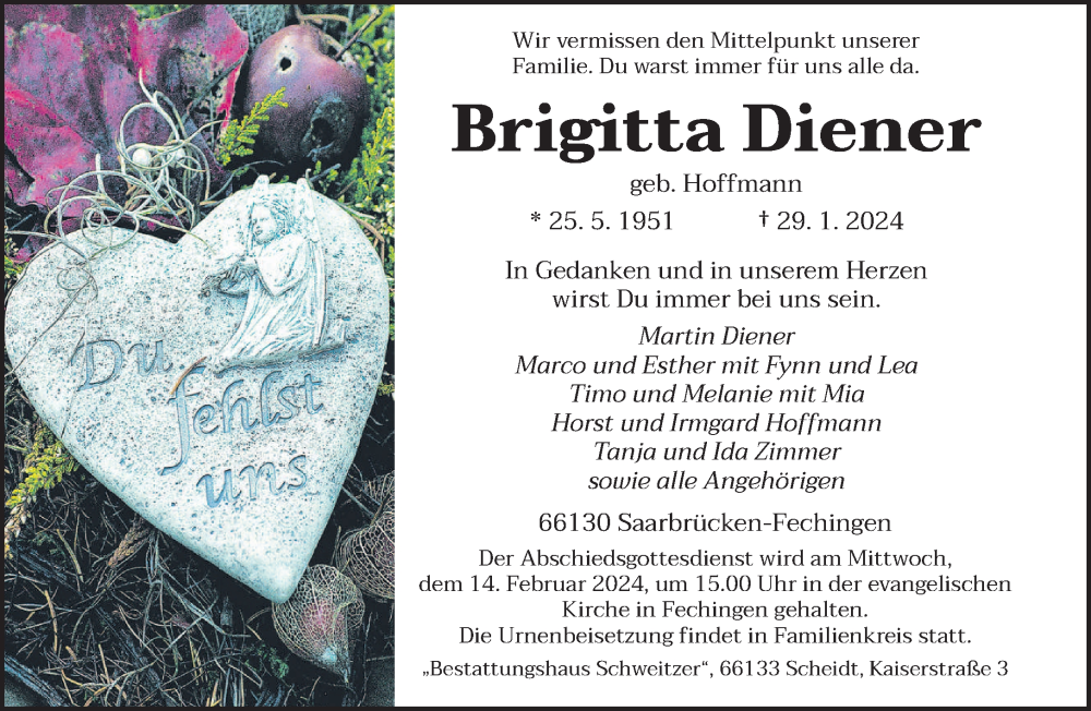  Traueranzeige für Brigitta Diener vom 03.02.2024 aus saarbruecker_zeitung