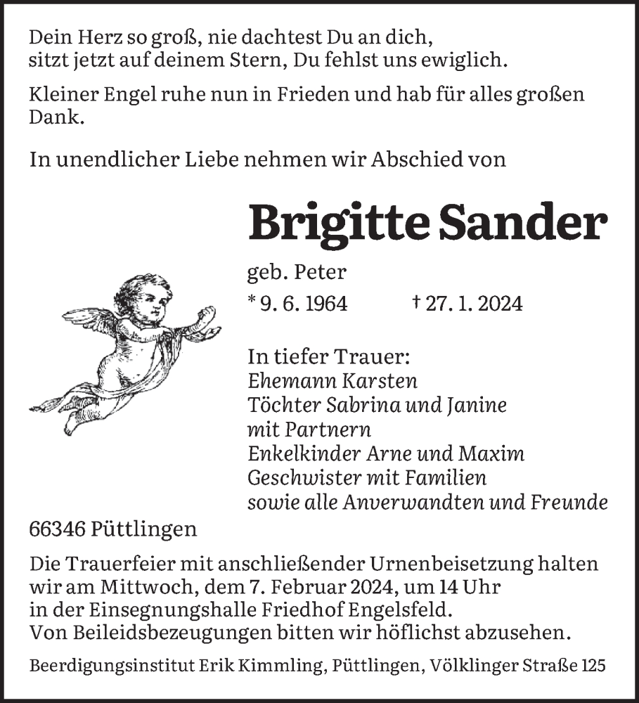  Traueranzeige für Brigitte Sander vom 03.02.2024 aus saarbruecker_zeitung