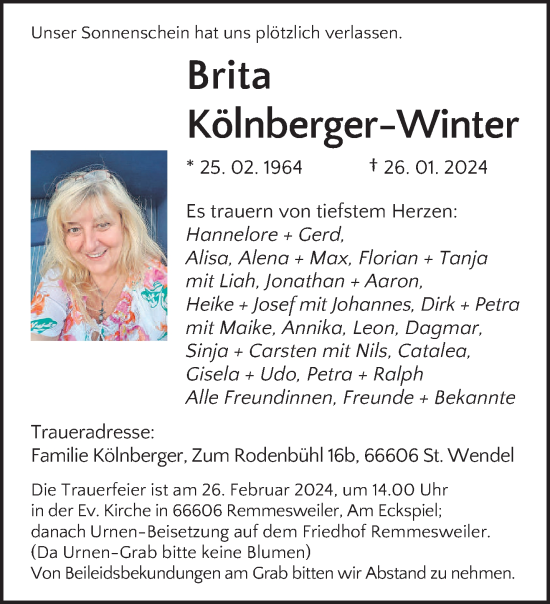 Traueranzeige von Brita Kölnberger-Winter von saarbruecker_zeitung