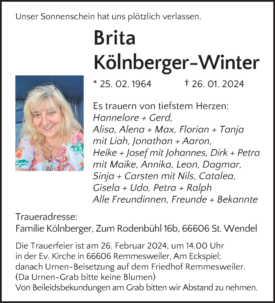  Traueranzeige für Brita Kölnberger-Winter vom 10.02.2024 aus saarbruecker_zeitung