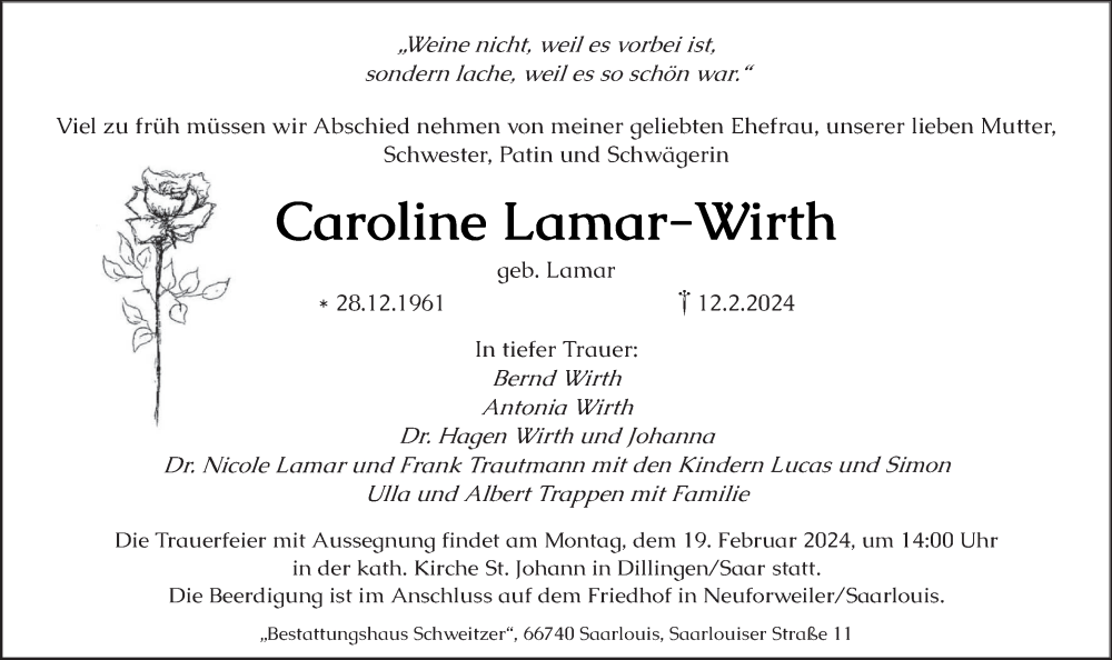  Traueranzeige für Caroline Lamar-Wirth vom 17.02.2024 aus saarbruecker_zeitung