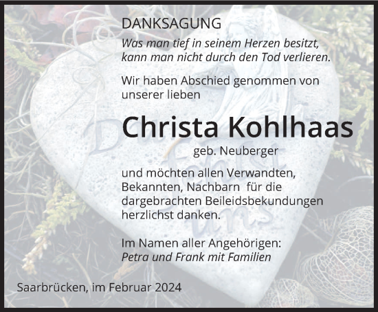 Traueranzeige von Christa Kohlhaas von saarbruecker_zeitung