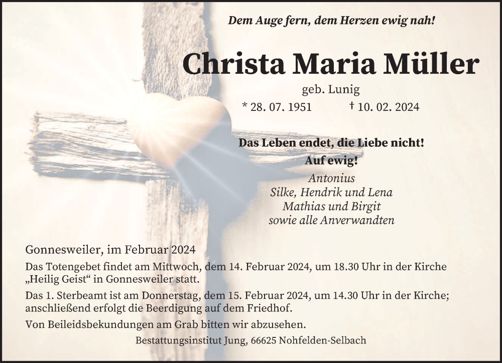 Traueranzeige für Christa Maria Müller vom 13.02.2024 aus saarbruecker_zeitung