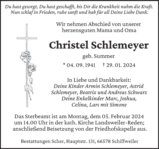 Traueranzeige von Christel Schlemeyer von saarbruecker_zeitung