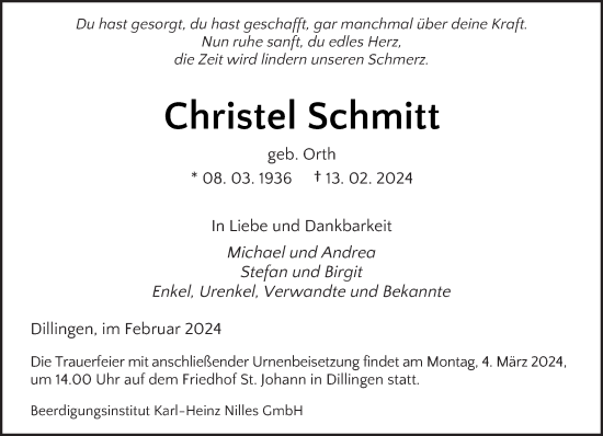 Traueranzeige von Christel Schmitt von saarbruecker_zeitung