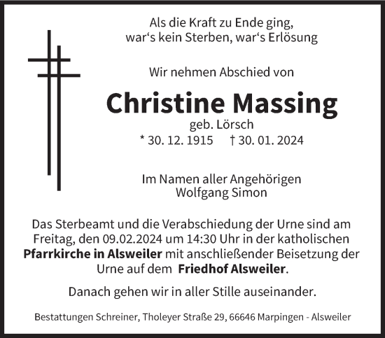 Traueranzeige von Christine Massing von saarbruecker_zeitung