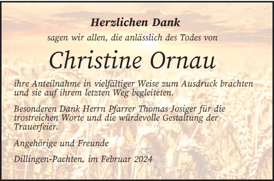 Traueranzeige von Christine Ornau von saarbruecker_zeitung