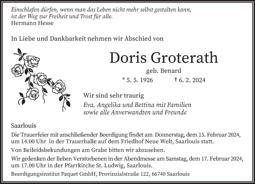  Traueranzeige für Doris Groterath vom 10.02.2024 aus saarbruecker_zeitung