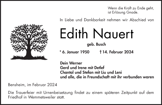 Traueranzeige von Edith Nauert von saarbruecker_zeitung