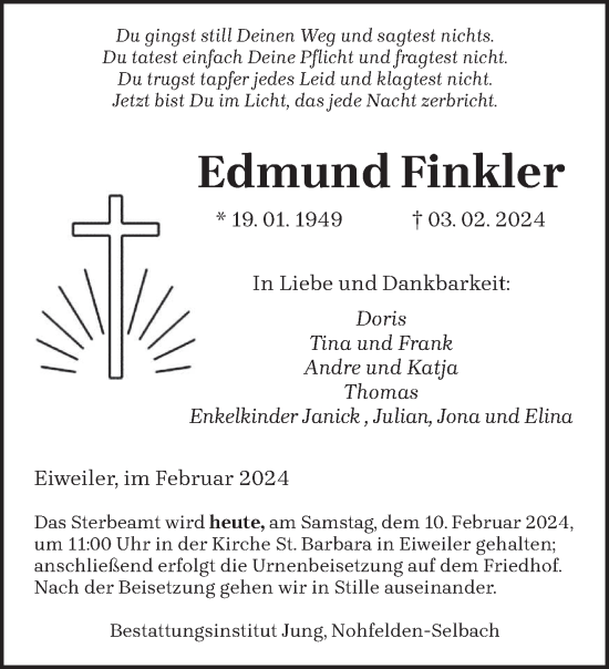 Traueranzeige von Edmund Finkler von saarbruecker_zeitung