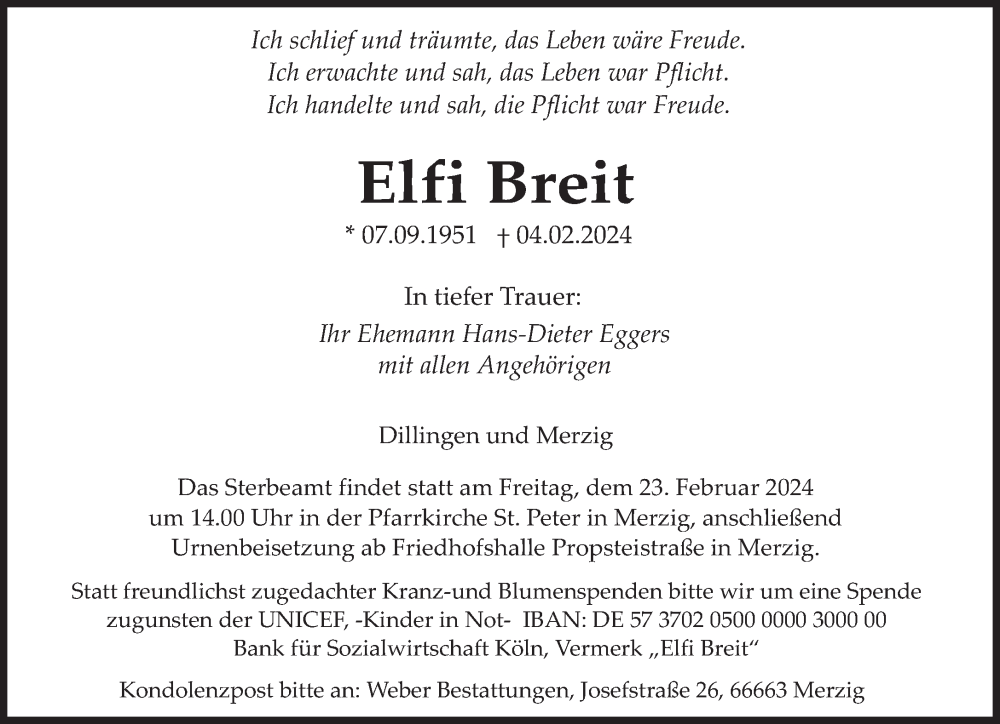  Traueranzeige für Elfi Breit vom 17.02.2024 aus saarbruecker_zeitung