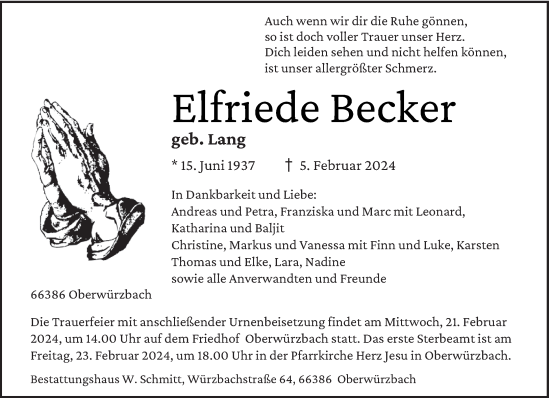 Traueranzeige von Elfriede Becker von saarbruecker_zeitung