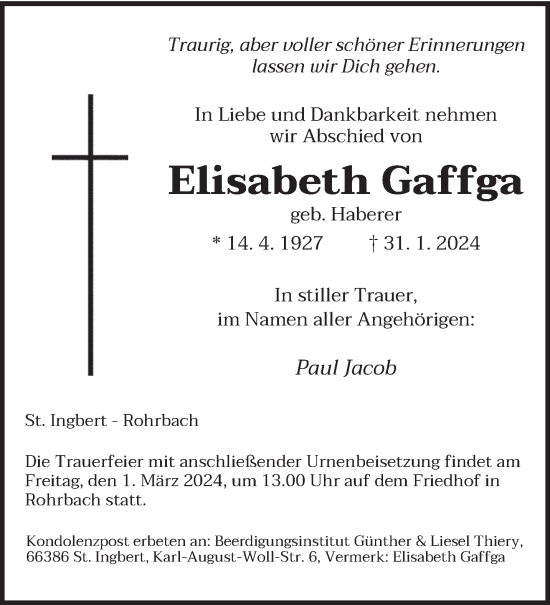 Traueranzeige von Elisabeth Gaffga von saarbruecker_zeitung