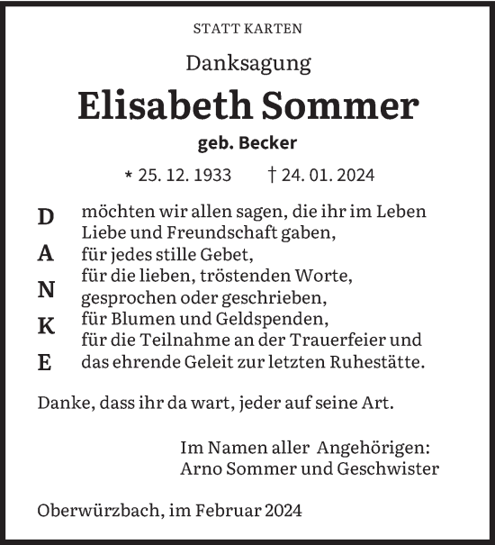 Traueranzeige von Elisabeth Sommer von saarbruecker_zeitung