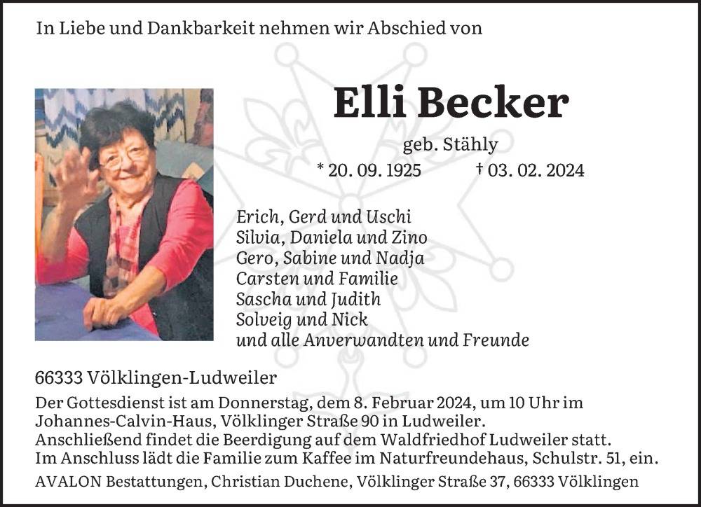  Traueranzeige für Elli Becker vom 07.02.2024 aus saarbruecker_zeitung