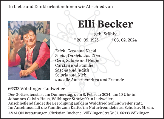 Traueranzeige von Elli Becker von saarbruecker_zeitung