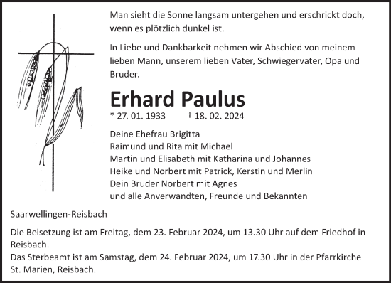 Traueranzeige von Erhard Paulus von saarbruecker_zeitung