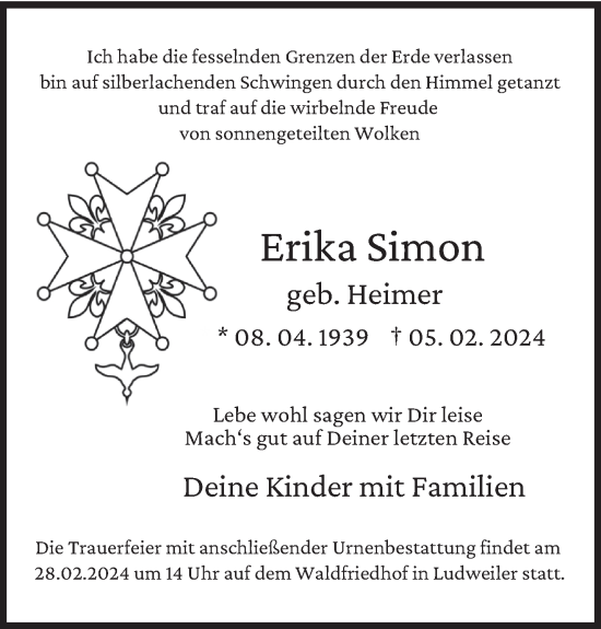 Traueranzeige von Erika Simon von saarbruecker_zeitung